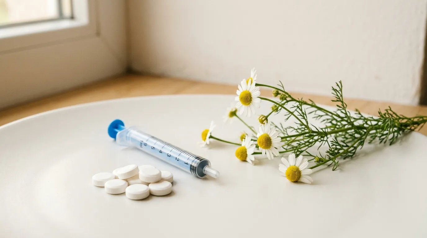 Antialérgico para criança — comprimidos e seringa dosadora sobre superfície branca com flores de camomila