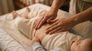 Cólica em bebê — mãos fazendo massagem na barriga do bebê sobre superfície branca com luz natural
