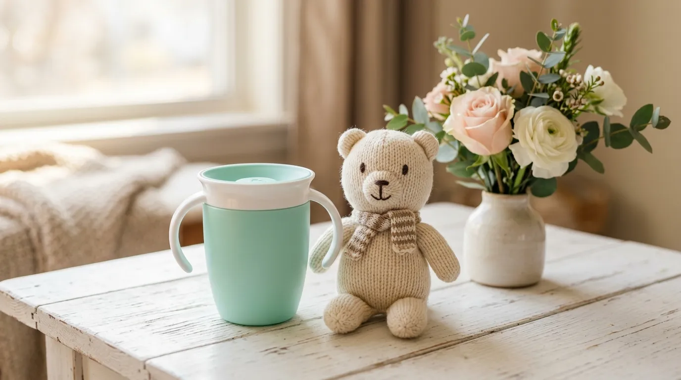 Desmame — copo de transição 360 e bichinho de pelúcia sobre superfície branca com flores e luz natural
