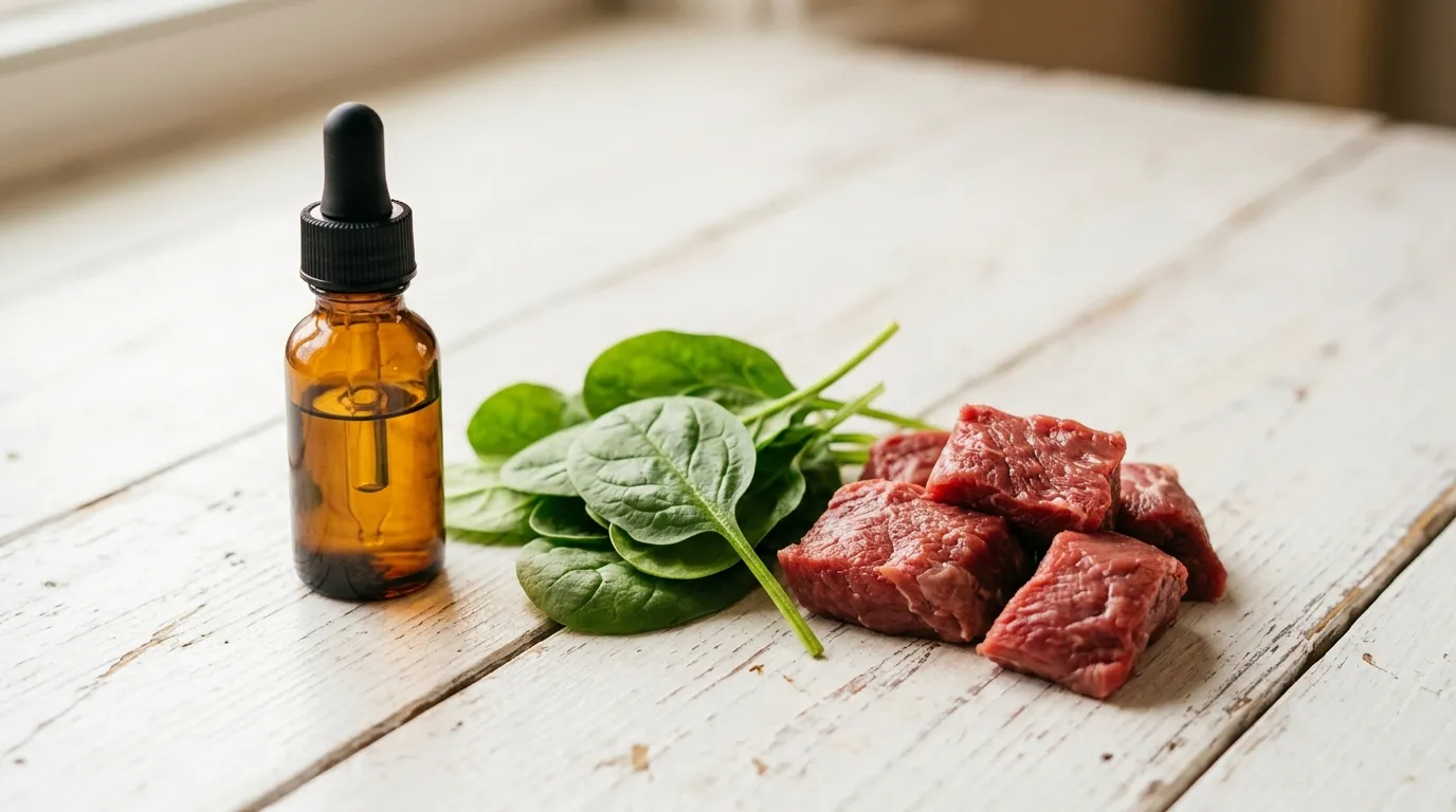 Ferro para bebê — frasco de suplemento de ferro ao lado de espinafre e carne vermelha sobre superfície branca