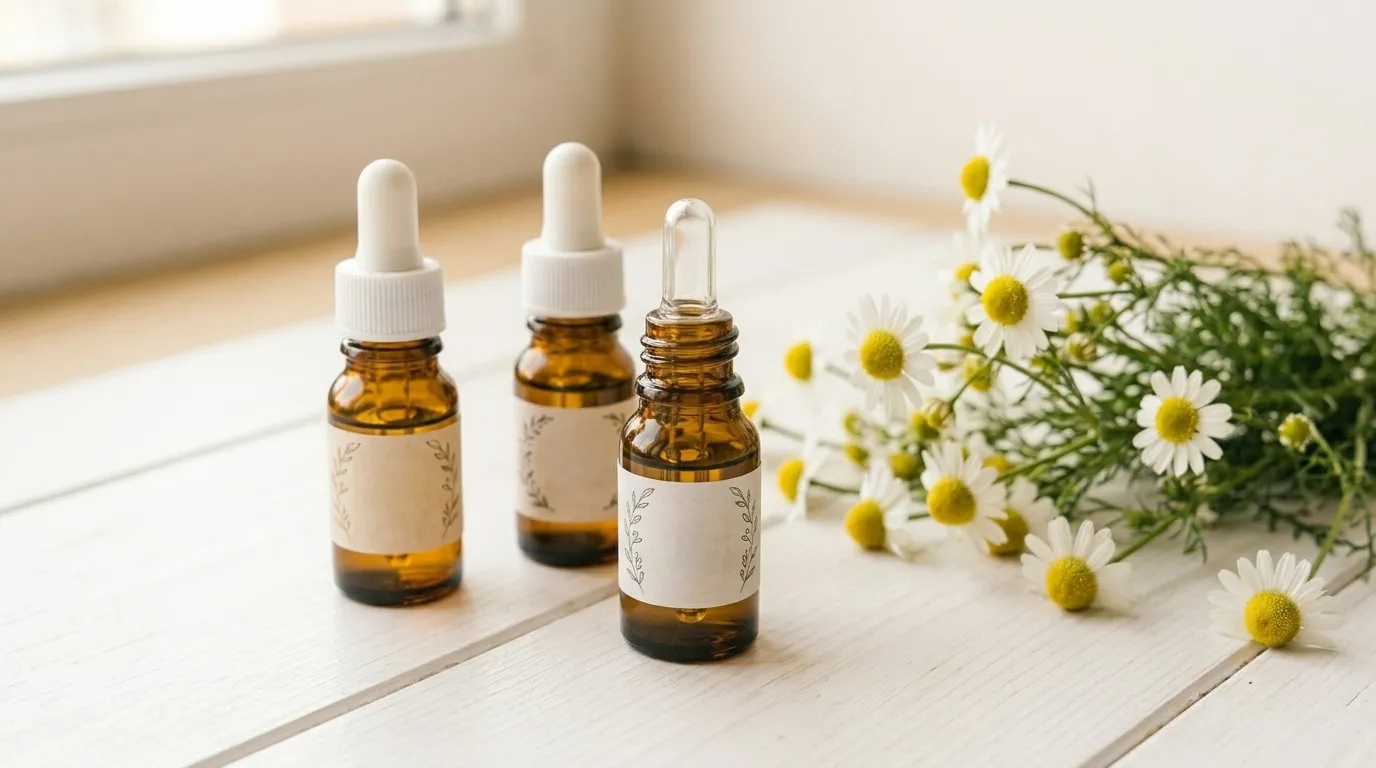 Homeopatia para criança — frascos de florais de Bach com flores brancas e folhas verdes sobre superfície branca