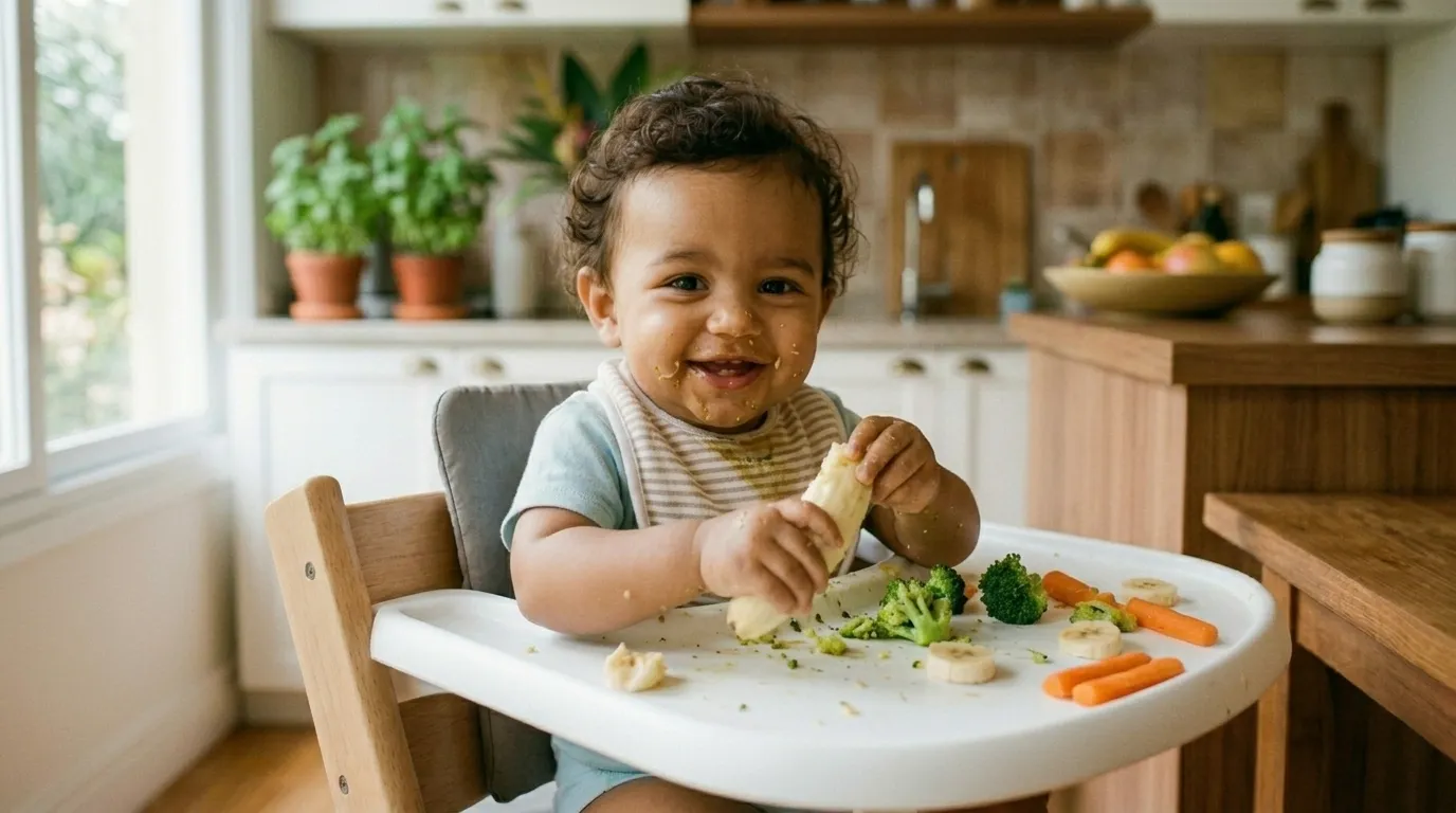 Bebê sentado na cadeirinha explorando pedaços de alimentos macios na bandeja durante introdução alimentar