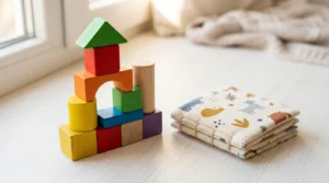 Marcos do desenvolvimento infantil — blocos de madeira coloridos e livro de pano sobre superfície branca com luz natural