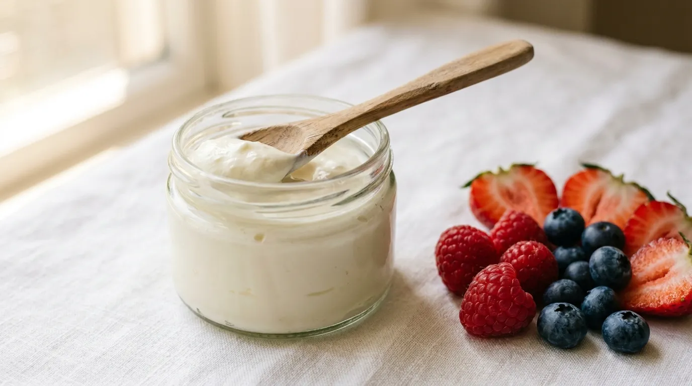 Probiótico para criança — potinho de iogurte natural com colher de madeira e frutas frescas sobre superfície branca