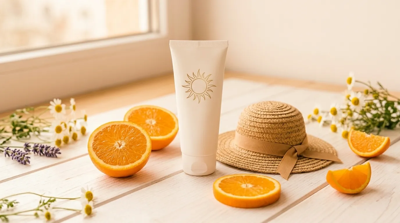 Protetor solar para bebê — bisnagas de protetor solar mineral e chapéu infantil sobre superfície branca com luz natural