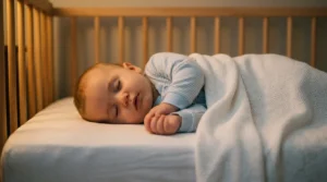 Sono do bebê — bebê dormindo tranquilamente no berço com manta branca e luz suave