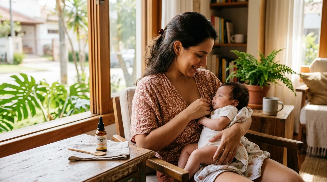 Mãe segurando bebê perto da janela com luz natural ao lado de frasco de gotas de vitamina D infantil