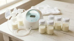 Bomba tira-leite — bomba e potes de armazenamento de leite sobre superfície branca com luz natural (imagem gerada por IA)