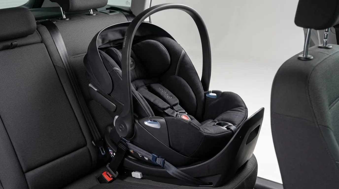 Cadeirinha de carro para bebê — cadeirinha evolutiva instalada no banco do carro com cinto de segurança visível
