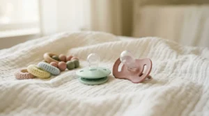 Chupeta para bebê — duas chupetas ortodônticas de tamanhos diferentes sobre superfície branca com luz natural