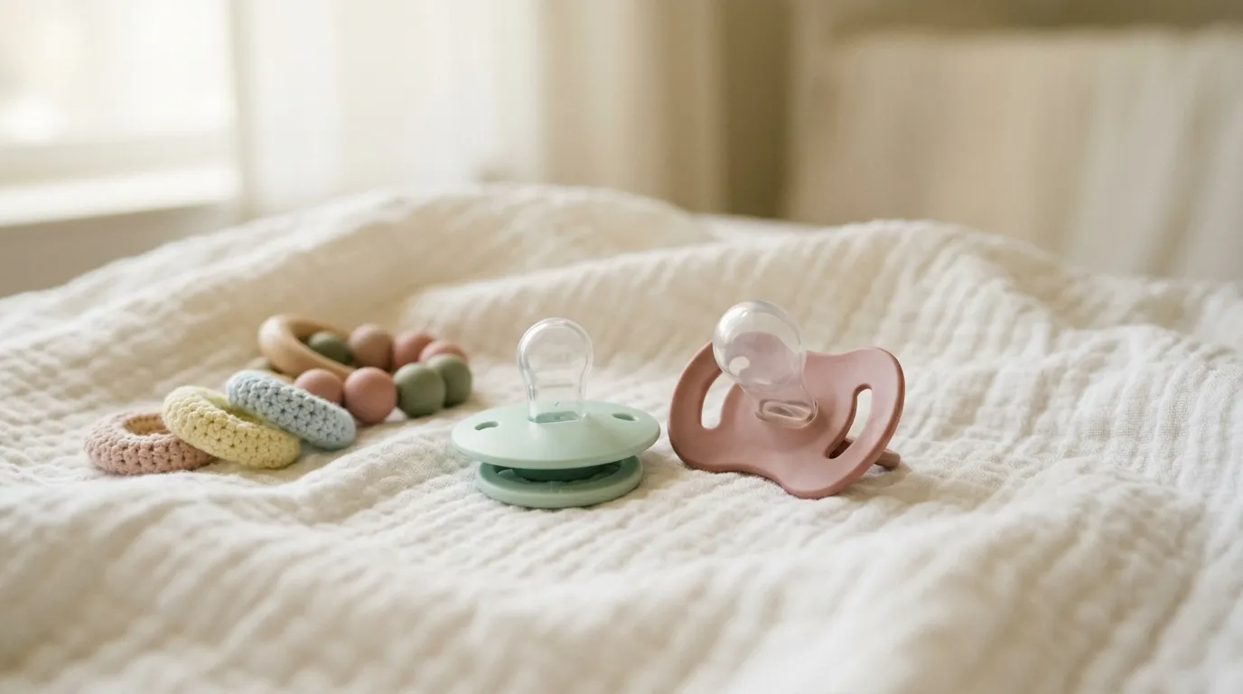 Chupeta para bebê — duas chupetas ortodônticas de tamanhos diferentes sobre superfície branca com luz natural