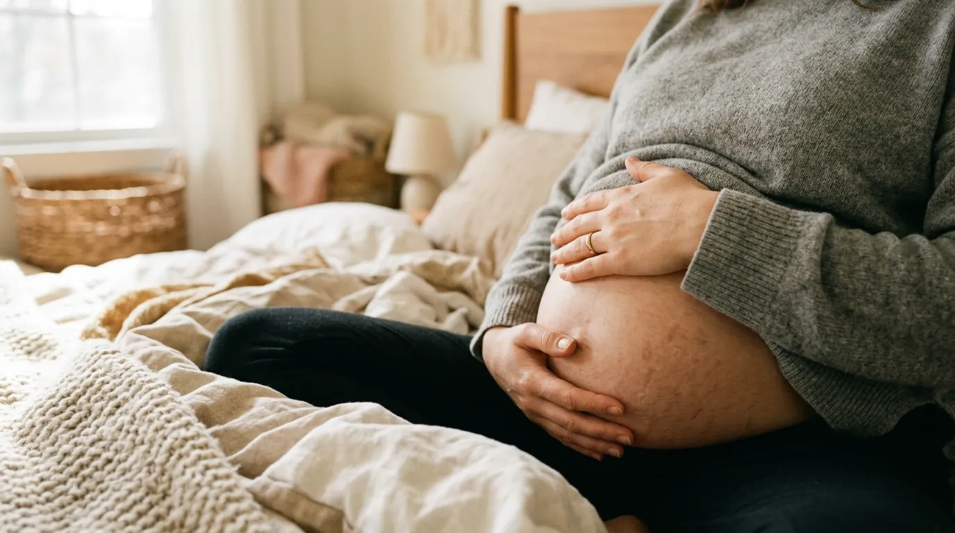 Corpo pós-parto — mãos repousando suavemente sobre a barriga com luz natural suave (imagem gerada por IA)