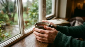 Depressão pós-parto — mãos segurando xícara de chá perto de janela com luz natural suave