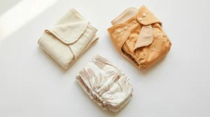 Fraldas para bebê — fralda de pano, fralda ecológica e fralda descartável lado a lado sobre superfície branca