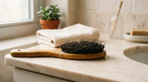 Queda de cabelo pós-parto — escova com fios de cabelo sobre bancada de banheiro com luz natural suave (imagem gerada por IA)
