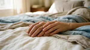 Sexo após o parto — mãos entrelaçadas suavemente sobre a cama com luz natural suave (imagem gerada por IA)
