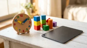 Tela para criança — tablet virado para baixo ao lado de brinquedos de madeira coloridos sobre superfície branca