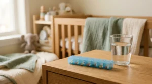 Anticoncepcional na amamentação — organizador de comprimidos sobre criado-mudo com luz natural suave (imagem gerada por IA)