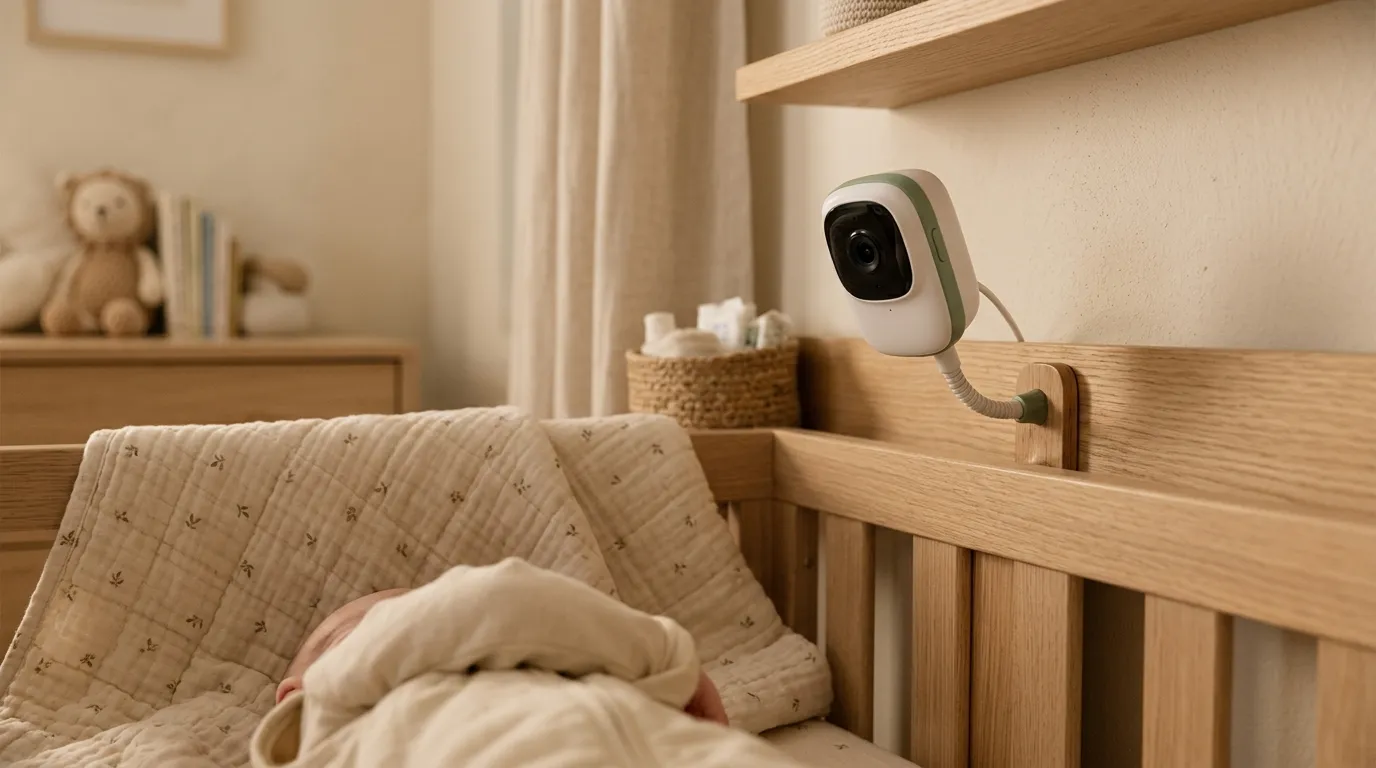 Babá eletrônica Motorola instalada próxima ao berço, ambiente aconchegante (imagem gerada por IA)