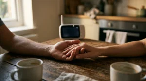 Relacionamento do casal após o bebê — mãos entrelaçadas sobre mesa de cozinha, luz suave (imagem gerada por IA)