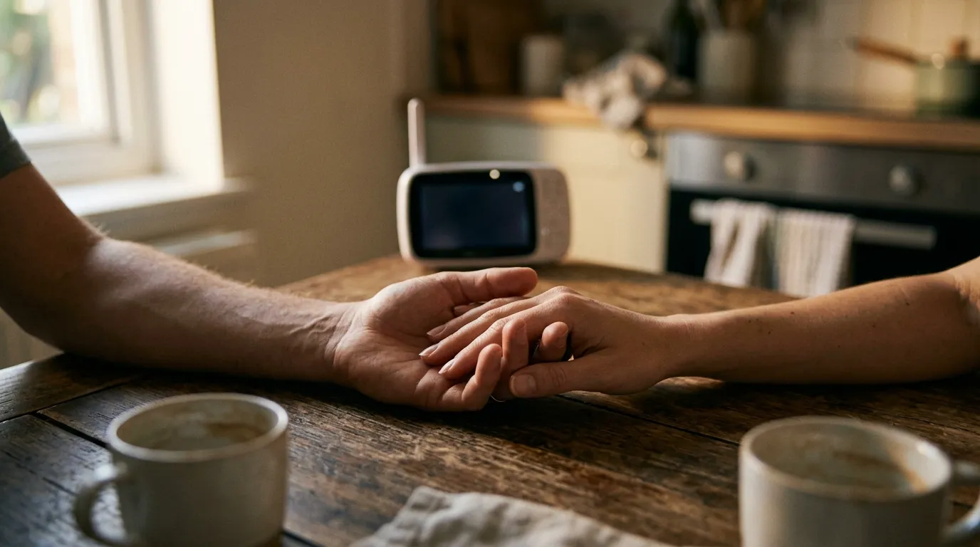 Relacionamento do casal após o bebê — mãos entrelaçadas sobre mesa de cozinha, luz suave (imagem gerada por IA)