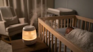 Umidificador de ar liberando vapor suave ao lado do berço, luz noturna aconchegante (imagem gerada por IA)
