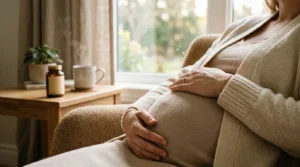 Gestante com as mãos na barriga, luz natural suave, frasco de vitamina ao fundo (imagem gerada por IA)