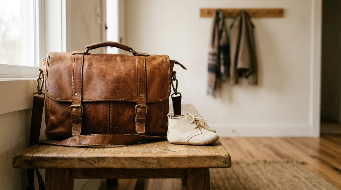 Volta ao trabalho após licença maternidade — bolsa de trabalho e sapatinho de bebê lado a lado, luz suave (imagem gerada por IA)