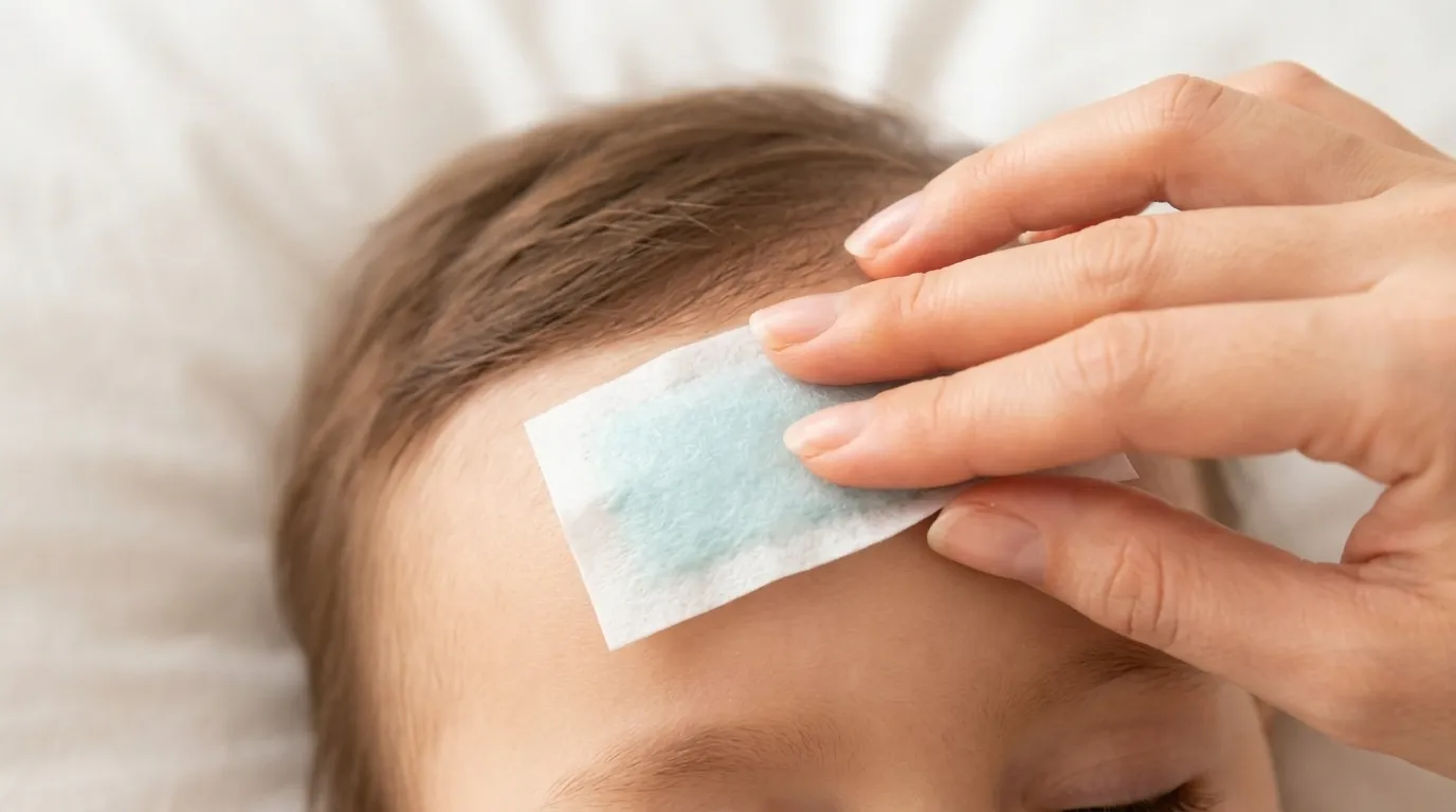 Xô Febre — adesivo de gel refrescante sendo aplicado na testa de bebê (imagem gerada por IA)