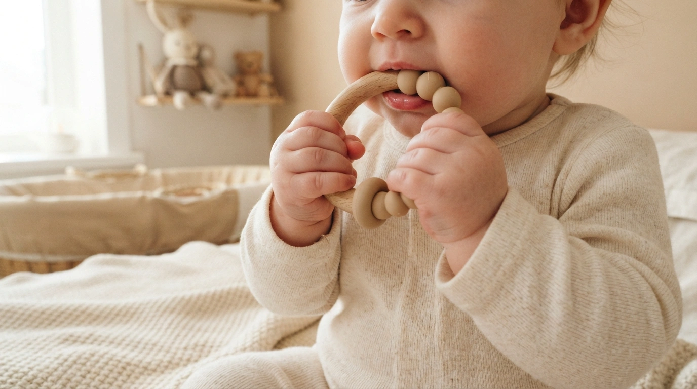 Bebê mordendo mordedor durante fase de dentição, luz natural suave (imagem gerada por IA)